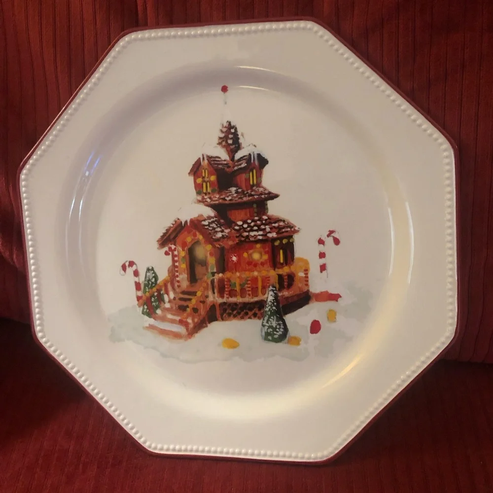 Williams-Sonoma Gingerbread House Serving/Chop Plate Red Trim 14” Octagonal